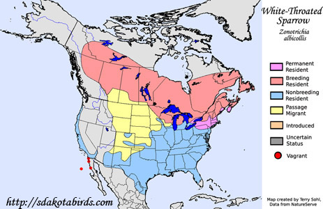 White-throated Sparrow - North American Range Map